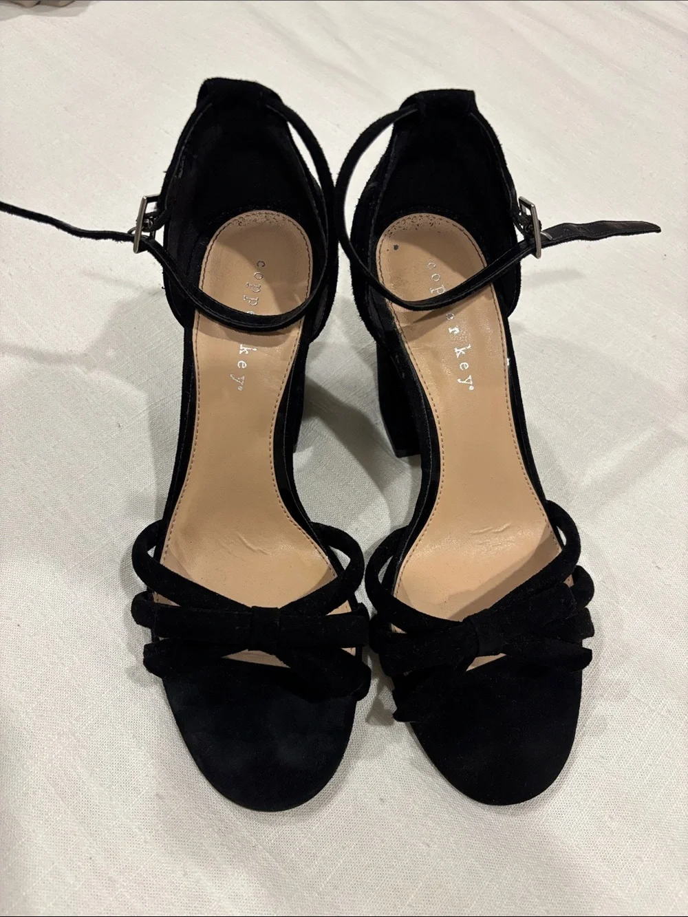 Copper Key Black Suede Ankle-Strap Block Heel Bow Heels